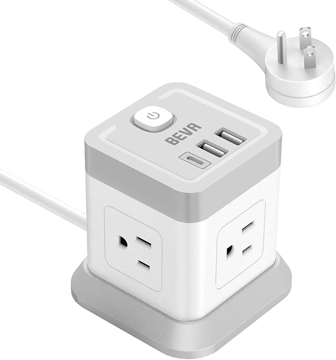 BEVA Cube Power Strip 10 ft Cord, Desktop Power Strip with 4 Outlets and 3 USB Ports, Flat Plug, Overload Protection, Compact Power Strips Tower for Travel Home Office Cruise Ship - ETL Listed