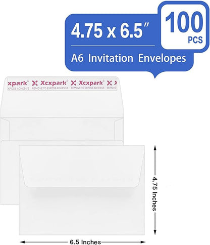 100 Qty Printable A6 Invitation Envelopes 4.75 x 6.5 inches Cards, Self Seal 120GSM White Paper Envelopes for Invitations, Papers, Photos, Documents, Wedding, Baby Shower, Easy to Seal Peel