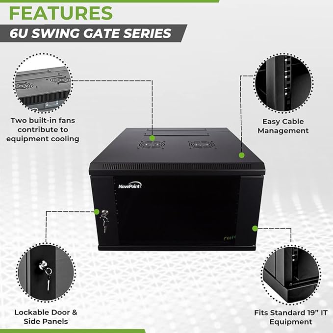 NavePoint 6U Server Cabinet with Hinged Back - 23.6” Deep, 6U Server Rack Enclosure with Locking Glass Door, Wall Mount Rack with Removable Side Panels, 6U Network Cabinet with 2 Fans, Pre-Assembled