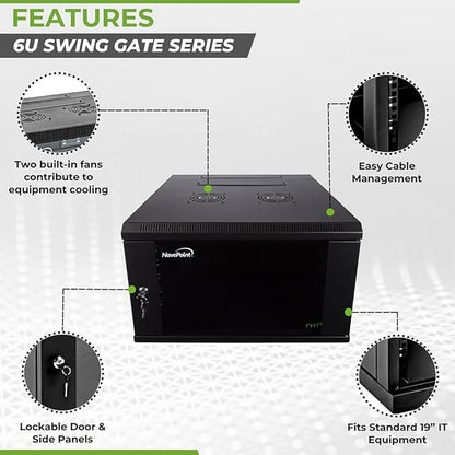 NavePoint 6U Server Cabinet with Hinged Back - 23.6” Deep, 6U Server Rack Enclosure with Locking Glass Door, Wall Mount Rack with Removable Side Panels, 6U Network Cabinet with 2 Fans, Pre-Assembled