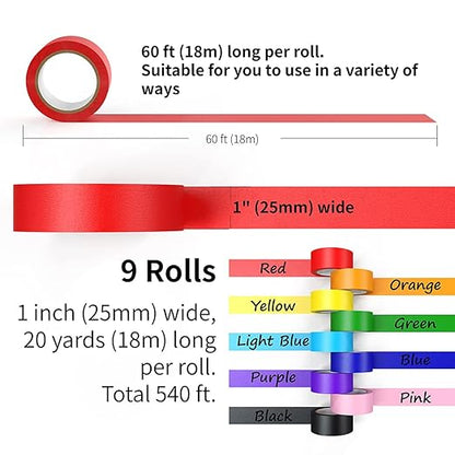 Colored Masking Tape Rolls, 1 inch Wide Total 540 ft Long, Craft Tape Color Painters Tape Colorful Art Tape Rainbow Labeling Tapes Marking Tape for Kids Crafts Moving Classroom, 9 Colors