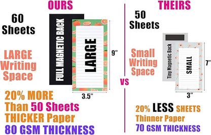 4 Large Magnetic Notepads – Shopping List, To-Do List, Reminders, Grocery List Pads -Strong Full Magnetic Back- Memo Pads with Realistic Fruit Designs | 60 Sheets per Pad 9 x 3.5 inch (4 Pack)