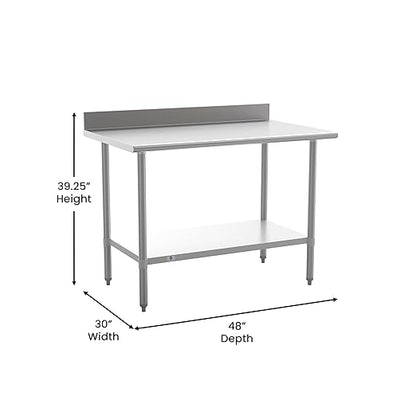 Flash Furniture Reese Commercial Stainless Steel Prep/Work Table for Back Kitchen, 430 Stainless Steel, 18 Gauge, Adjustable Shelf, 4" Backsplash, 30" x 48"