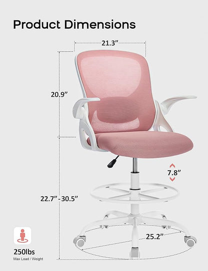 Drafting Chair Tall Office Chair with Flip-up Armrests Ergonomic Computer Standing Desk Chair with Comfy Lumbar Support and Adjustable Footrest Ring for Bar Height Desk(White-Pink)