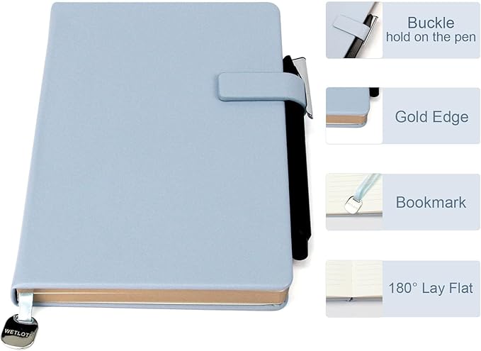 A5 Hard Cover Notebook with Pen Holder, Gold Edges & 180° Lay Flat - Large 5x8.25 Lined, Bookmark, Gift Box - Durable Journal for Office, Study, Travel - Writers, Students (Light Blue)