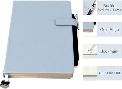 A5 Hard Cover Notebook with Pen Holder, Gold Edges & 180° Lay Flat - Large 5x8.25 Lined, Bookmark, Gift Box - Durable Journal for Office, Study, Travel - Writers, Students (Light Blue)