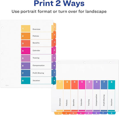 Avery 8 Tab Dividers for 3 Ring Binders, Customizable Table of Contents, Multicolor Tabs, 1 Set (11133)
