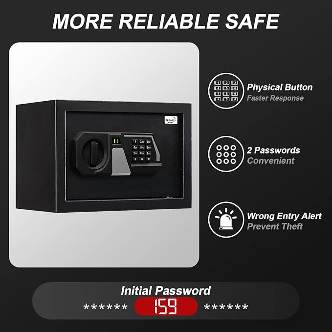 Tenamic Fireproof Safe Box 0.8 Cuft Electronic Digital Security Box, Keypad Small Lock Box Cabinet Safes with Internal Light, Solid Alloy Steel Office Hotel Home Mini Safe with 2 Passwords, Black