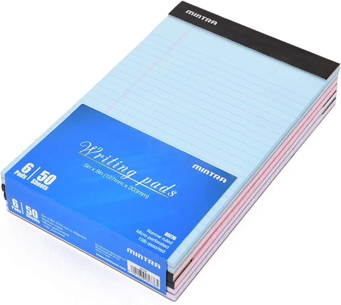 Mintra Office Legal Pads, ((xBasic, 5in x 8in, (Pastel), 36pk (6-6pks)), Narrow Ruled, 50 Sheets per Notepad, Micro perforated Writing Pad, Notebook Paper for School, College, Office, Work