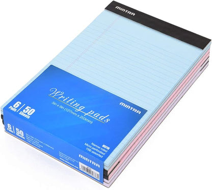 Mintra Office Legal Pads - ((BASIC PASTEL 6pk, 5in X 8in, NARROW RULED)) - 50 Sheets per Notepad, Micro perforated Writing Pad, Notebook Paper for School, College, Office, Professional