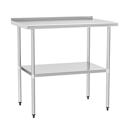 Stainless Steel Table 30 x 36 Inches Metal Prep Table with Backsplash & Adjustable Undershelf, Stainless Table for Commercial Kitchen, Outdoor, Restaurant, Hotel & Garage