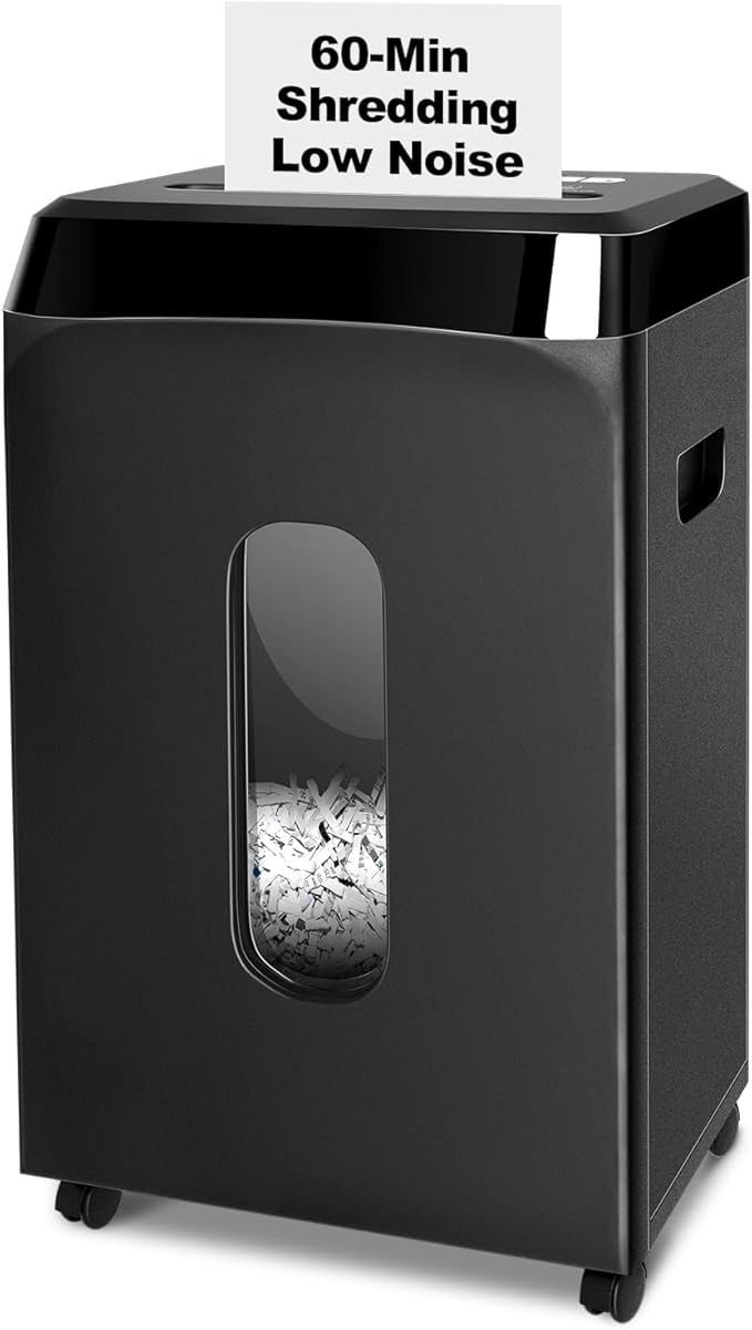 60-Minute Continuous Paper Shredder | P5 Security Level | 2x15mm Micro-Cut | 58dB Quiet Operation | 10-Sheet Capacity | Jam-Proof & 6.1Gal Bin | Heavy Duty for Home/Office