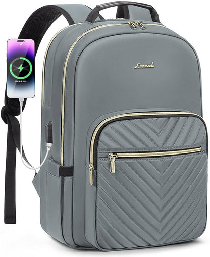 LOVEVOOK Laptop Backpack for Women 17.3 inch,Cute Womens Travel Backpack Purse,Professional Laptop Computer Bag,Waterproof Work Business College Teacher Bags Carry on Backpack with USB Port,Grey
