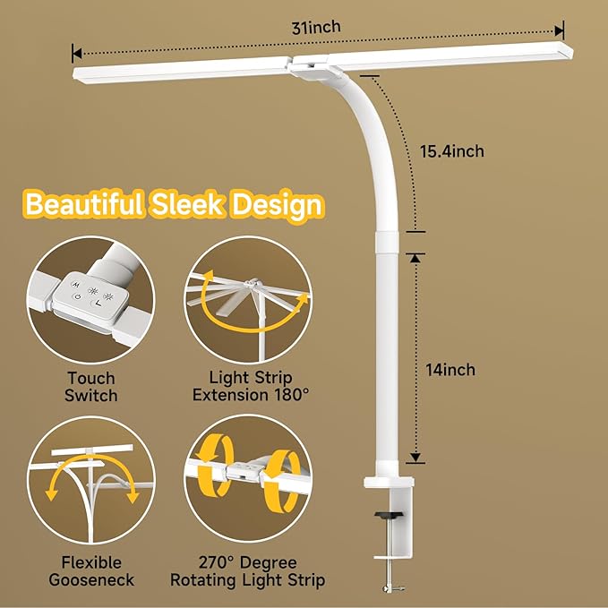 SKYLEO Led Desk Lamp for Home Office - Eye Caring Architect Desk Light with Clamp - Computer Monitor Light with Stepless Dimming Touch Control - 5 Color 24W - 2400LM Timing - Memory Function - White