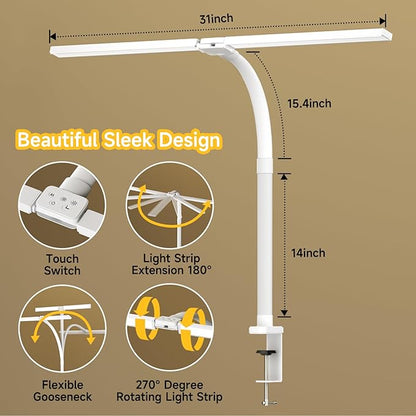 SKYLEO Led Desk Lamp for Home Office - Eye Caring Architect Desk Light with Clamp - Computer Monitor Light with Stepless Dimming Touch Control - 5 Color 24W - 2400LM Timing - Memory Function - White