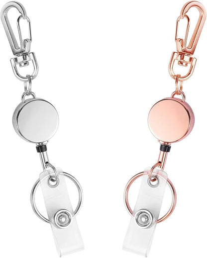 2 Pack Retractable Keychain, Carabiner Badge Holder with Retractable Cord Key Ring Id Strap, Small ID Badge Reel for Nurse,Volunteer,Teacher,Student,Woker (Silver,Rose Gold)