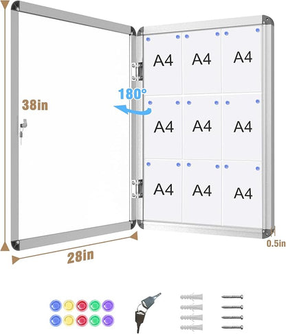 38"x28" Enclosed Bulletin Board, Lockable Weather-Resistant Aluminum Noticeboard for School & Office, Silver Frame w/Magentic Whiteboard
