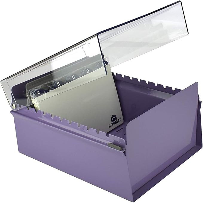 Acrimet 5 X 8 Card File Holder Organizer Metal Base Heavy Duty (AZ Index Cards and Divider Included) (Purple Color with Clear Crystal Plastic Lid Cover)