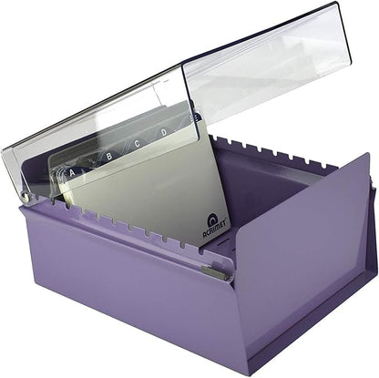 Acrimet 5 X 8 Card File Holder Organizer Metal Base Heavy Duty (AZ Index Cards and Divider Included) (Purple Color with Clear Crystal Plastic Lid Cover)