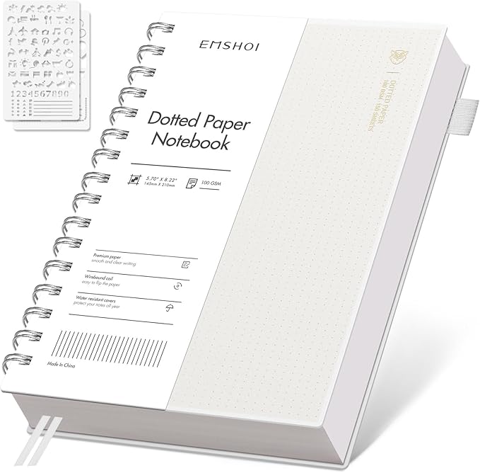 EMSHOI Spiral Notebook Bullet Dotted Journal, A5 Dotted Grid Notebook with 300 Pages, 100gsm Thick Paper, Waterproof Softcover Notebook for School Work Writing, 5.7" × 8.22" - Transparent