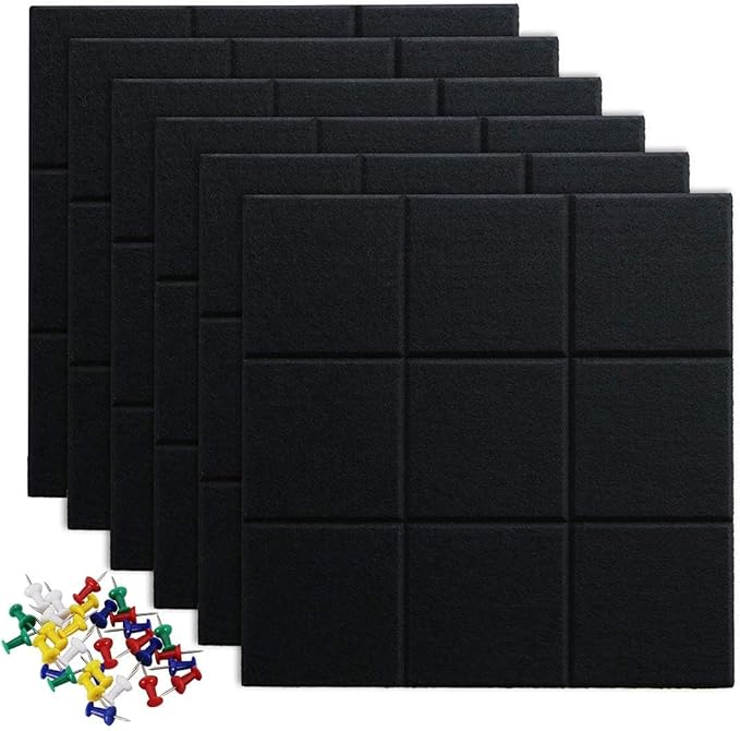 Large Cork Board Felt Board Tiles for Walls with 30 Push Pins, 11.8"x11.8" Pack of 6 Pin Board Notice Boards for Home Office Kitchen, Bulletin Board Wall Tiles for Photos Memos