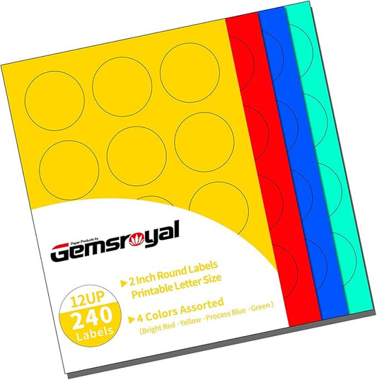 2 Inch Colored Round Labels,4 Colors Assorted(Red,Yellow,Blue,Green),20 Sheets,240 Tags in Total,Color Coding Labels for Laser/Inkjet Printers,2" Colorful Dot Stickers,Letter Size
