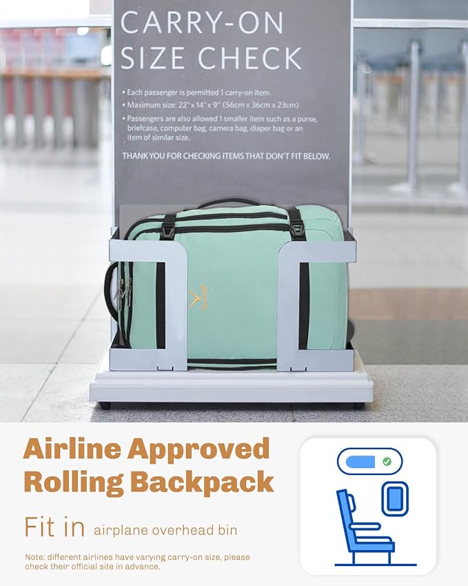 Hynes Eagle Rolling Backpack 42L Backpack with Wheels Airline Approved Carry on Luggage Laptop Travel Backpack for Women Men Mint Green