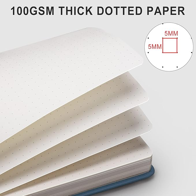AHGXG Bullet Dotted Journal - 320 Numbered Pages Dot Grid Notebook A5 Thick Journal, 100gsm Thick Dotted Paper, Leather Hardcover,Inner Pocket, 5.75'' × 8.38'' - GrayBlue
