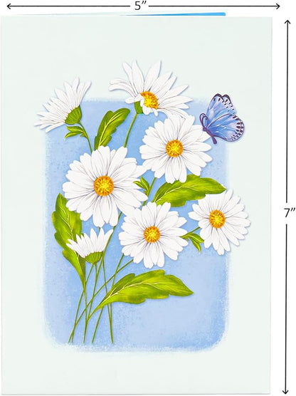 Daisy Pop Up Cards, White Daisy, Butterfly, 3D Greeting Cards, Gifts for Birthday, Mothers Day, Valentines Day, Mom, Wife, Girlfriend, Sister, 5x7 - Includes Envelope And Message Note