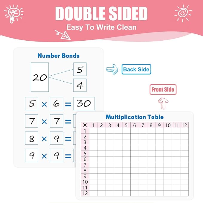 10 Pack Multiplication Chart Whiteboard Card - Double-Sided 9" x 12" Dry Erase Board, Math Manipulatives White Board for Kids Students, Classroom and Home Learning，Small White Board Card Dry Erase