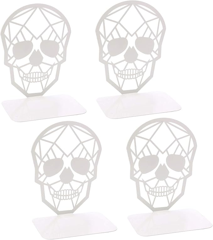 Metal Skull Design White Bookend - Heavy-Duty Bookends for Shelves, Skull Book Ends for Heavy Books, Book Shelf Holder Home Office Decorative Desktop Organizer (2 Pair-White)