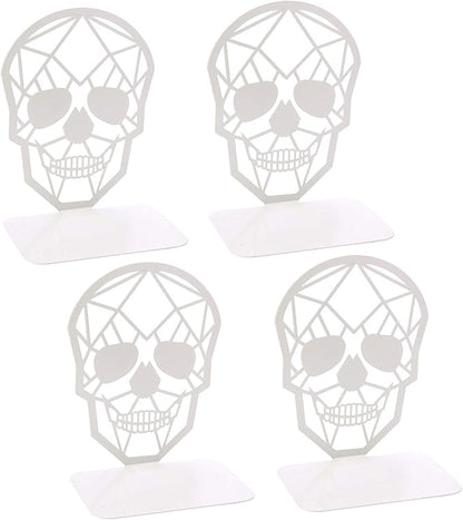 Metal Skull Design White Bookend - Heavy-Duty Bookends for Shelves, Skull Book Ends for Heavy Books, Book Shelf Holder Home Office Decorative Desktop Organizer (2 Pair-White)