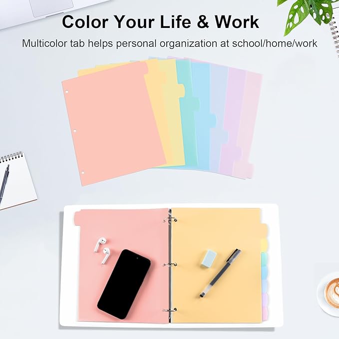 48 Count/6 Sets Write & Erase Binder Dividers with Tabs, Durable Plastic 8 Tab Dividers for 3 Ring Binder Letter Size, Separators for Student School Home Office Document Organizer, Pastel