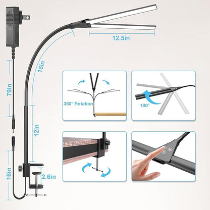 LED Desk Lamp for Home Office, Bright Double Head Desk Lamp with Clamp, Dimmable 5 Color Modes Desk Lighting, 12W Eye-Caring Architect Table Lamp for Workbench, Monitor, Reading, Study, 1400lm