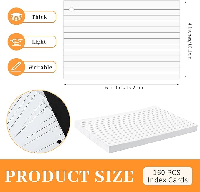 Tecmisse 160 PCS Index Cards 4 x 6 Inches, 180 GSM Thick Punched Flash Cards, Lined Note Cards, White Study Cards for School Learning and Office Supplies