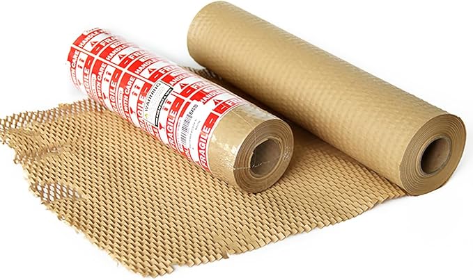 15”x400’Honeycomb Packing Paper,Eco Friendly Recyclable Honeycomb Cushioning Wrap Roll for Safe Moving Shipping Packaging with 20 Fragile Stickers.