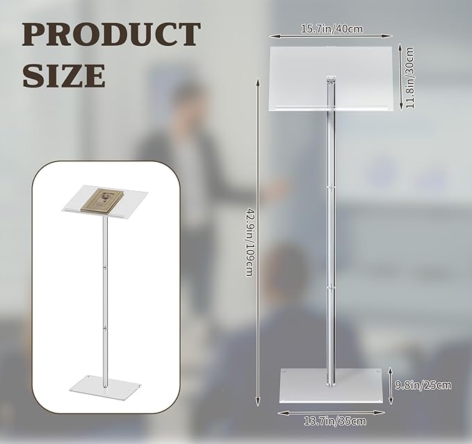 Baoz Acrylic Podium, Angle Adjustable Podium Stand Clear Speaking Podium Lecterns & Podiums for Speech Weddings Concert Church Classroom