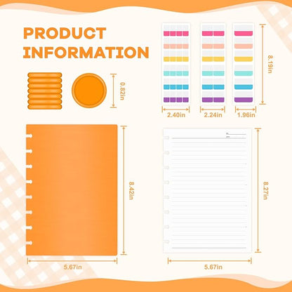 Discbound Notebook, 8-Disc Disbound Planner with Removable Pages, 180 Pages Spiral Notebook, Poly Cover Discbound Planner for Work, Travel, Note Taking(With Index Sticker),Orange,A5