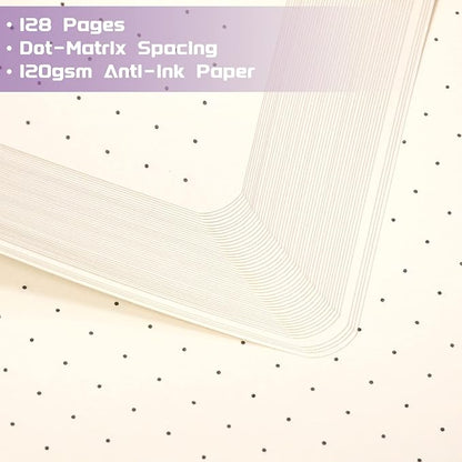 Dotted Journal/Notebook - Dot Grid Hard Cover Notebook, Premium Thick Paper with Fine Inner Pocket, Black Smooth Faux Leather, Pen Loop, 5.3'' x 8.26'' - Purple