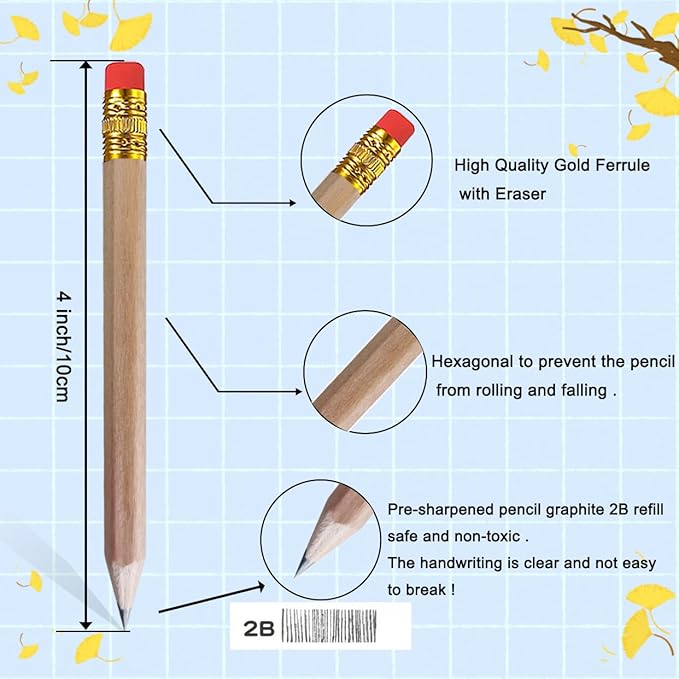 Adhere 25pcs Golf Pencils with Eraser Pre sharpened Hexagon half Wooden Pencils Graphite 2B for Golf Event Scoring,Classroom,Wedding,Company Meetings,Pew, Pocket (Nature)