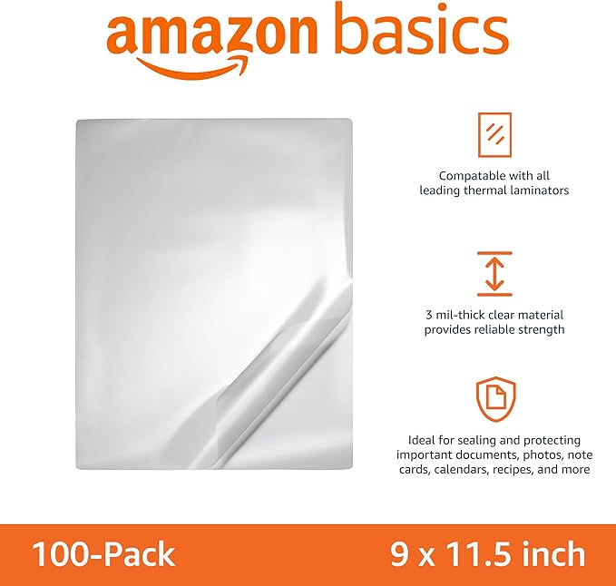 Amazon Basics Clear Thermal Laminating Plastic Paper Laminator Sheets - 11.5 x 9.0-Inch, 100-Pack, 3 mil