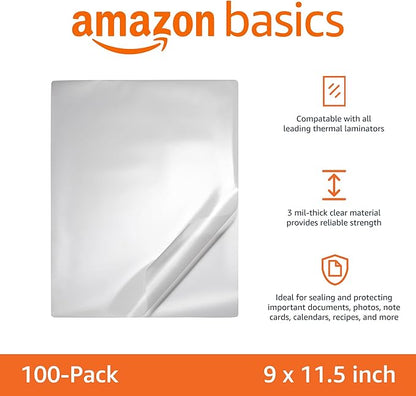 Amazon Basics Clear Thermal Laminating Plastic Paper Laminator Sheets - 11.5 x 9.0-Inch, 100-Pack, 3 mil