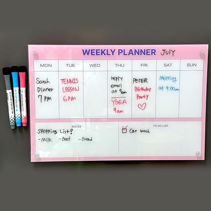 GEEKBEAR Dry Erase Refrigerator Calendar with 3 Markers - Attachable to Any Fridge with Special Suction Cups - Monthly and Weekly Designs, Acrylic - 15.7" x 10.6" (03. Modern Pink, Weekly)