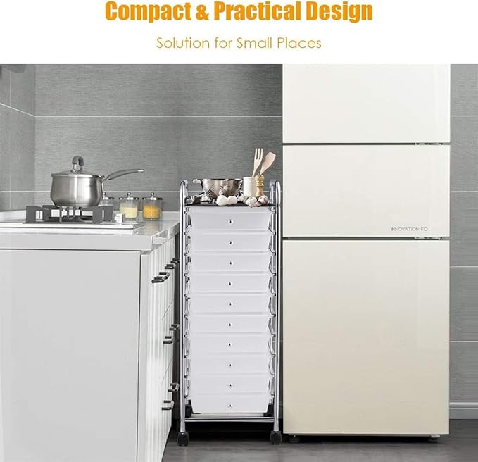 Storage Cart, Rolling Utility Cart with 10 Drawers, Portable Handles & Lockable Wheels, Mobile Paper Toys Storage Organizer Large Capacity for Home Office School Teacher (Clear)