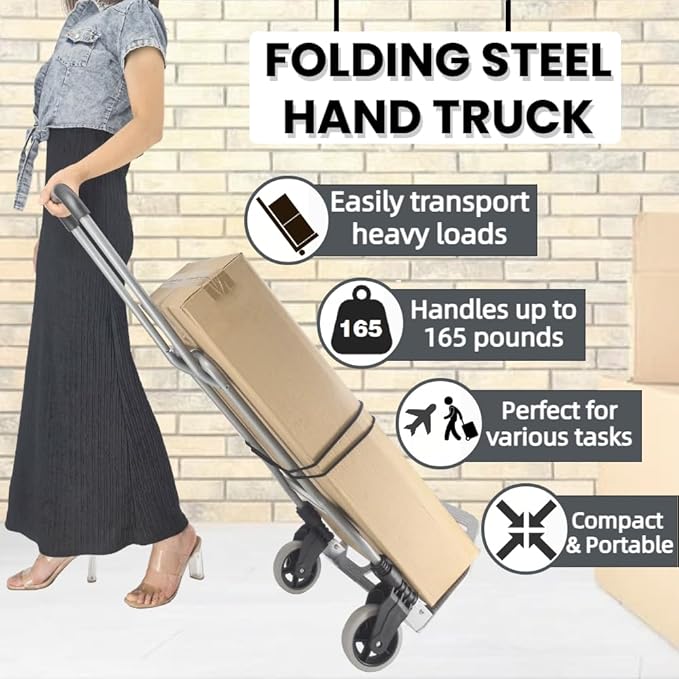 Folding Hand Truck, 165lbs Load Luggage Cart with Silent Wheel, Light Weight Portable Folding Dolly Multi-fuctional Foldable Hand Cart Heavy Duty Utility Cart for Home Office & Travel Use