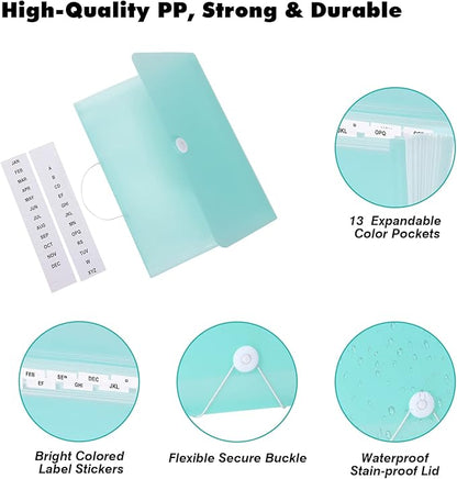 Expanding File Folder A4,13 Pockets File Organiser with Colored Tags, Paperwork A4 Plastic Wallet Document Storage Expander for School,Office and Home, Light Green