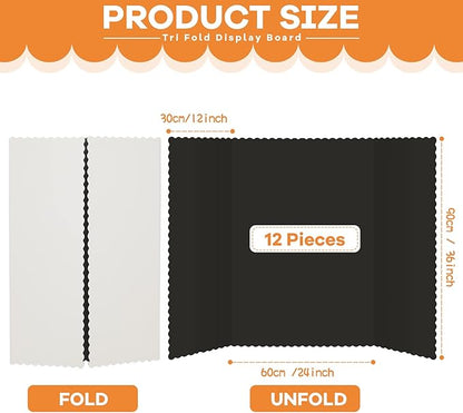 12 Pieces Tri Fold Poster Boards Bulk, Lightweight Science Display Boards, Trifold Presentation Display Board for Science Fair Project(36 x 48 Inch,Black)