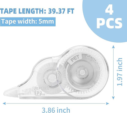 4 Pcs 39.4 Ft Correction Tape, Tear-Resistant Tape Bulk for School, Office, Note Taking, Journal (Tape Width 0.2 in, Clear)
