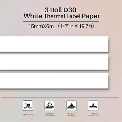 Phomemo Labels-3 Roll D30 Adhesive White Continuous Thermal Label Paper,1/2" X 20 Ft (15mm X 6m) Black on White for D30/D35 Label Maker, for Home,Kitchen,School,Office,Gift,Organization