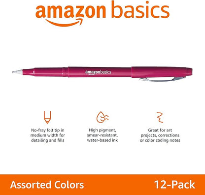 Amazon Basics Felt Tip Markers, Assorted Colors, 12-Pack